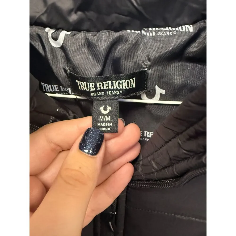True Religion Puffer Jacket Mens M Black Full Zip Quilted Horseshoe Logo Coat
